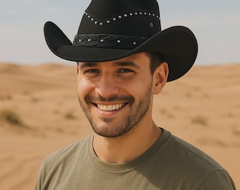 Sombrero de vaquero negro hecho a mano: banda de cuero con tachuelas, estilo western