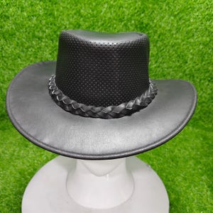 Handmade Black Leather Outback Cowboy Hat: Braided Band, Perforated Crown