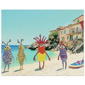Arte Botánico – Monstruos de Playa Mediterráneas Traen Helado y Caos – Arte Mural Divertido para Niños y Adultos Fabulosos