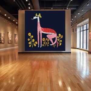 Póster de perro divertido con dibujo infantil: arte mural colorido y alegre para interiores divertidos o habitaciones infantiles.