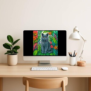 May include: A digital illustration of a blue British Shorthair cat sitting in a lush tropical jungle setting. The cat has bright orange eyes and is surrounded by vibrant green leaves and colorful flowers.