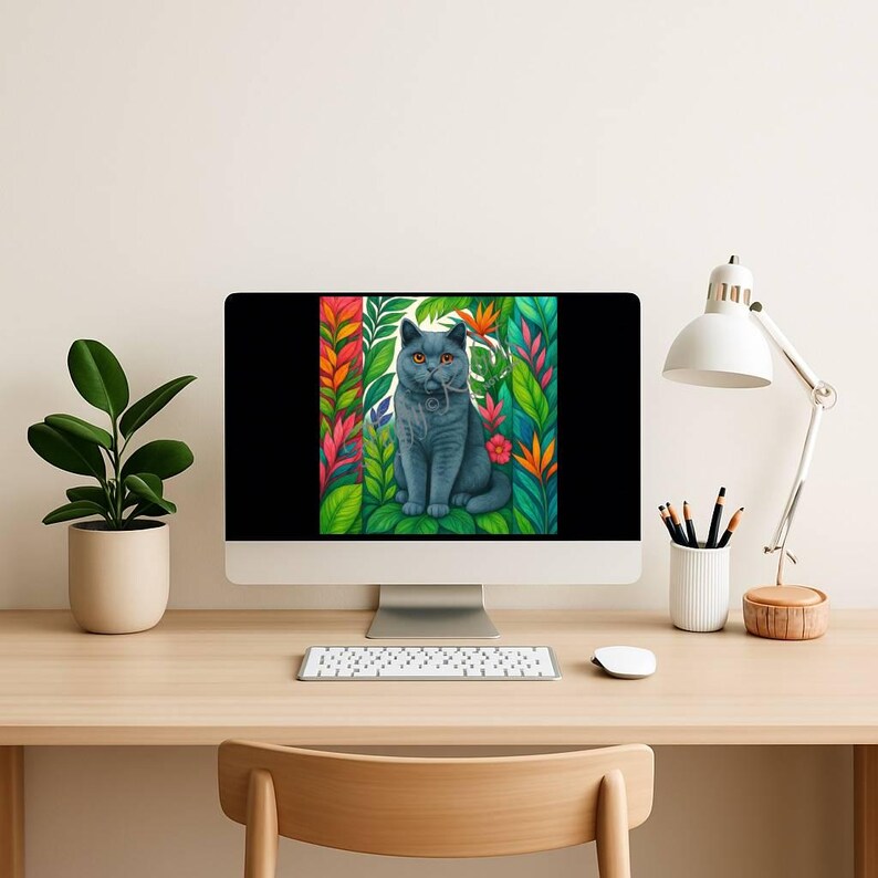 May include: A digital illustration of a blue British Shorthair cat sitting in a lush tropical jungle setting. The cat has bright orange eyes and is surrounded by vibrant green leaves and colorful flowers.