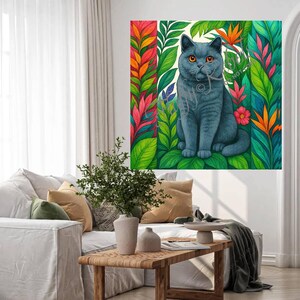 May include: A blue British Shorthair cat sits in a lush tropical jungle setting. The cat has green eyes and is surrounded by vibrant green, red, orange, and yellow foliage.