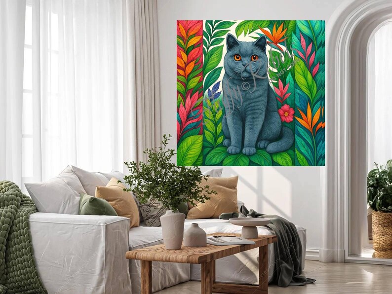 May include: A blue British Shorthair cat sits in a lush tropical jungle setting. The cat has green eyes and is surrounded by vibrant green, red, orange, and yellow foliage.