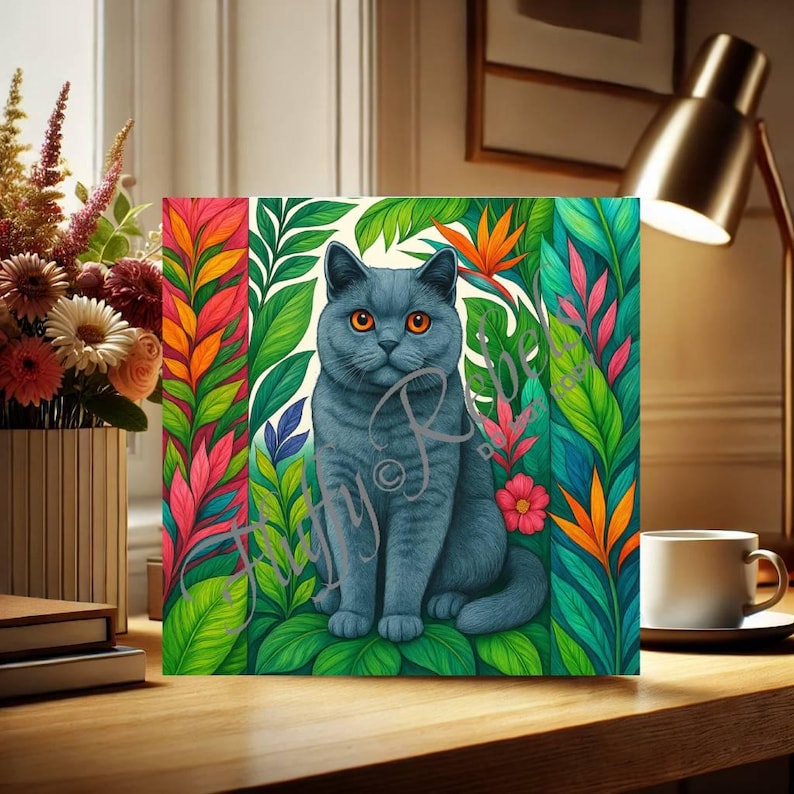 May include: A blue British Shorthair cat sits in a lush tropical jungle setting. The cat has bright green eyes and is surrounded by vibrant green leaves, pink flowers, and orange and yellow tropical plants.