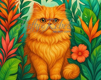 Tropical Persian Cat Art , Colorful Digital Print, Exotic Jungle Cat Wall Decor Download, suitable for printing up to 30 inches