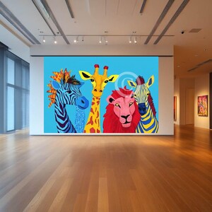 サファリパーティーポートレート - カラフルなジャングルクルーのウォールアート - 子供部屋や大胆な室内装飾にぴったりの面白い動物プリント