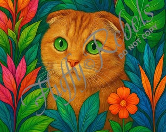 Tropical Cat Art Print – Scottish Fold in Jungle Leaves | Bright Wall Decor | Colorful Feline Illustration for Cat Lovers Nature Fans