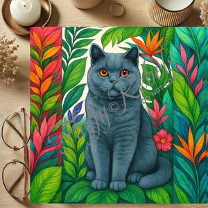 May include: A blue British Shorthair cat sits in a lush tropical jungle setting. The cat has bright orange eyes and is surrounded by vibrant green leaves and colorful flowers.