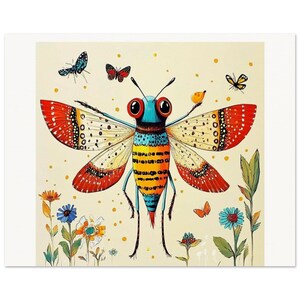 Arte de insectos coloridos: un bicho caprichoso con ojos grandes y flores como amigos. Decoración botánica de pared para guarderías, salas de juegos o amantes de la naturaleza.