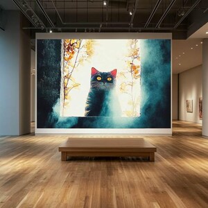 Autumn Romance with Cat  Dreamy Black Cat Canvas, Feline Love Wall Art, Cozy Fall Print