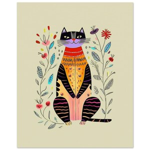 Gato de la Jungla Boho – Póster de gato colorido y divertido con flores – Impresión artística de pared con animales caprichosos - Arte mural moderno