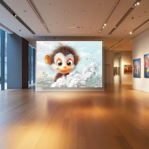 Puede incluir: Interior de una galería de arte con una gran pantalla digital que presenta un personaje de mono de dibujos animados. El mono es marrón y blanco con ojos grandes, sobre un fondo nublado. Otras pinturas se exhiben en las paredes.