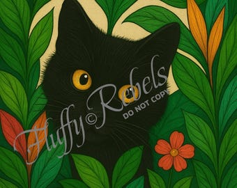 Black Cat Jungle Art Print | Mystical Yellow Eyes Cat Poster | Tropical Feline Wall Art
