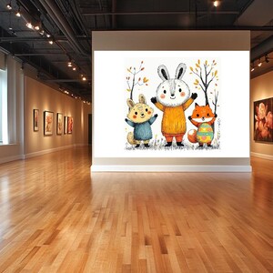 Botanical Art – Happy Woodland Hug Club with Fox, Bunny & Squirrel – Fluff, Laugh, Repeat – Trendy Wall Art for Kids and Adults
