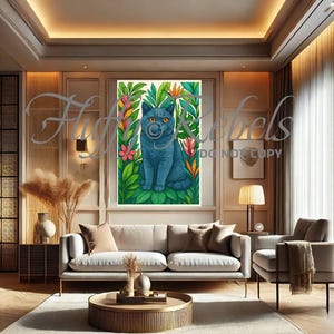 May include: A blue cat with green eyes sits in a jungle scene with lush green leaves and colorful flowers. The cat is surrounded by tropical plants and flowers, creating a vibrant and colorful image.