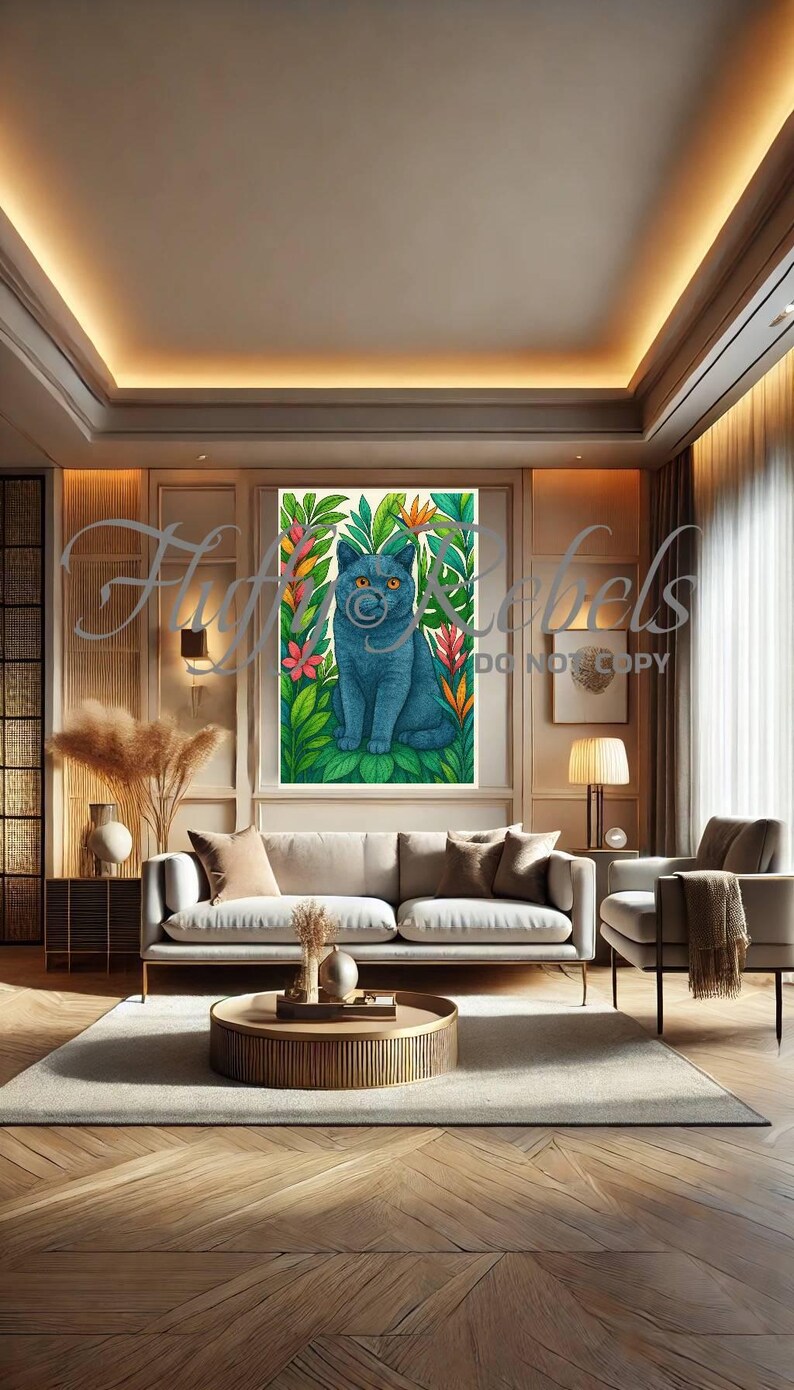May include: A blue cat with green eyes sits in a jungle scene with lush green leaves and colorful flowers. The cat is surrounded by tropical plants and flowers, creating a vibrant and colorful image.