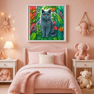 May include: A pink and white nursery with a bed, a crib, and a nightstand. The bed has a pink blanket and a white pillow. The crib has a white mattress and a white sheet. The nightstand has a lamp and a stuffed animal. There is a painting of a blue cat in a jungle scene above the bed.