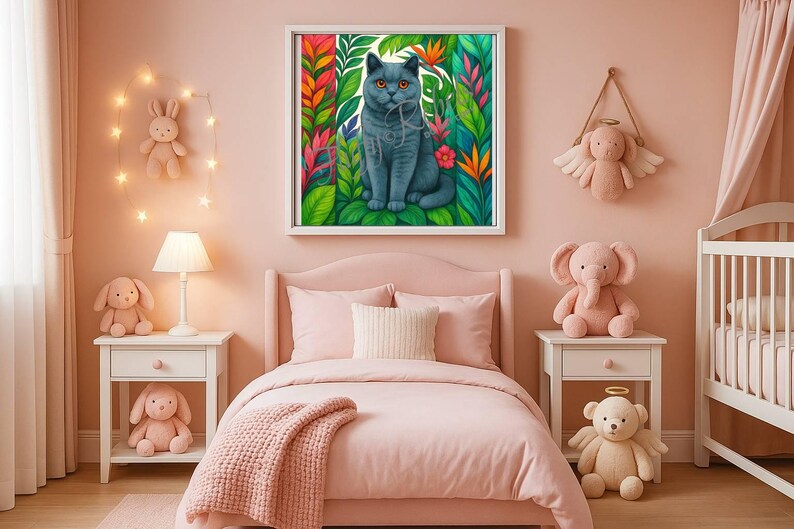 May include: A pink and white nursery with a bed, a crib, and a nightstand. The bed has a pink blanket and a white pillow. The crib has a white mattress and a white sheet. The nightstand has a lamp and a stuffed animal. There is a painting of a blue cat in a jungle scene above the bed.