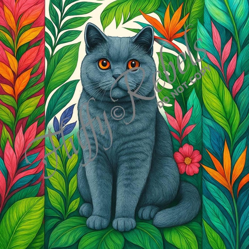 May include: A blue British Shorthair cat sits in a lush tropical jungle setting. The cat has bright orange eyes and is surrounded by vibrant green leaves, pink and orange flowers, and a white background.