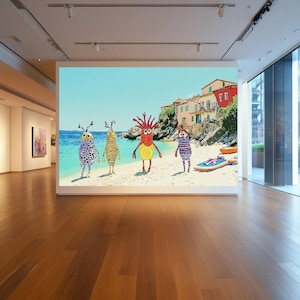 Arte Botánico – Monstruos de Playa Mediterráneas Traen Helado y Caos – Arte Mural Divertido para Niños y Adultos Fabulosos