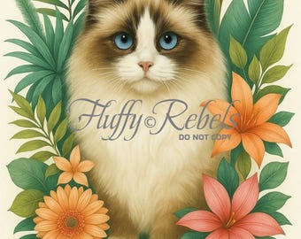 Ragdoll Cat Wall Art, Tropical Digital Cat Illustration, Printable Exotic Cat Decor
