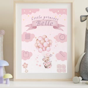 Baby Girl Birth Stats Wall Art – Pink Teddy Bear Balloon Nursery Print – Personalized Baby Name Poster