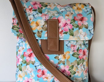 Blue, Pink Yellow and Green Fabric and Leather Bag