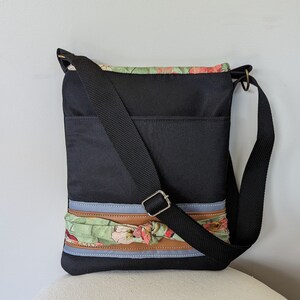 Leather, Fabric, and Large outside pocket.
