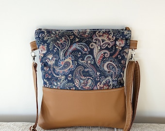 Tote: Crossbody, Navy Fabric and Leather