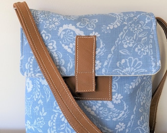 Blue Cotton and Leather Crossbody Bag