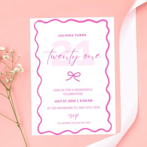 Pink Wavy Birthday Invite, Printable Invitation, 21 30 40 Birthday Invitation, Wavy Birthday Party, Editable Digital Canva Template