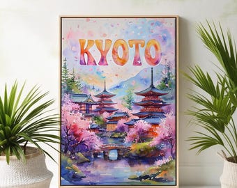 Kyoto Watercolor Art Print - Japan Wall Art - Japan Travel Poster - Printable City Poster - Pastel Colors Travel Poster, Digital print