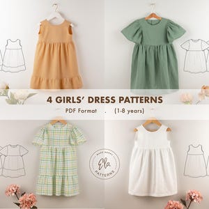 May include: Four girls' dress patterns in PDF format, suitable for ages 1-8 years. The image showcases four different dress designs in various colors, including a mustard yellow, sage green, and white dress. Each dress is displayed on a wooden hanger.