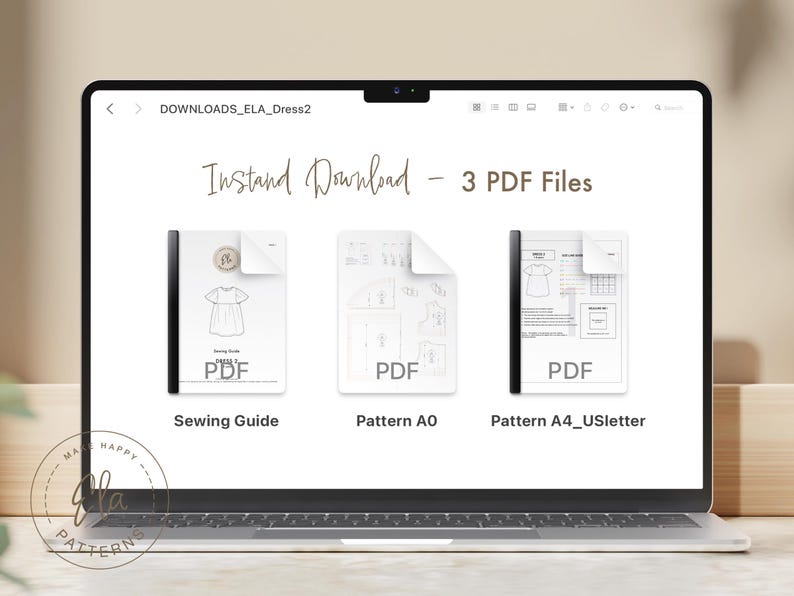May include: A laptop screen displays "Instant Download - 3 PDF Files". The files are labeled "Sewing Guide", "Pattern AO", and "Pattern A4_USletter". Each file is a PDF document with illustrations of a dress pattern.