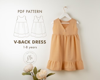 Girls’ Summer Dress Sewing PDF Pattern | Ruffle Hem, Button Back Closure, Open Back | Toddler & Child Sizes 1–8Y | Linen and Cotton Friendly