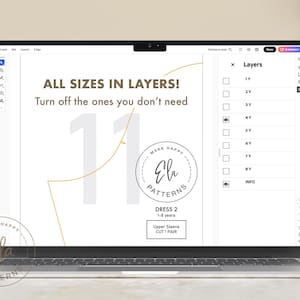 May include: A laptop screen displays a digital sewing pattern with the text "ALL SIZES IN LAYERS!" and "Ela Patterns." The pattern includes sizes from 1 to 8 years. The screen shows a dress pattern with an upper sleeve cut.