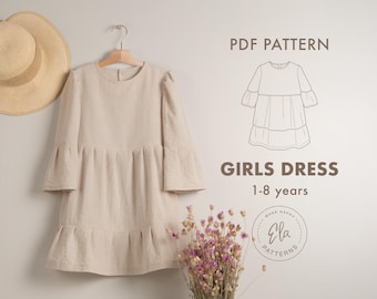 Girls Linen Dress PDF Sewing Pattern | Baby Toddler Girl Dress 1-8Y | Ruffled Sleeve | Button Back | Instant Download