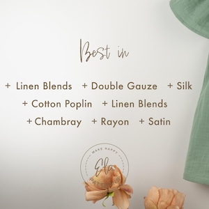 May include: A light green dress with ruffled sleeves is shown on a white background. Text reads "Best in" followed by a list of fabrics: Linen Blends, Double Gauze, Silk, Cotton Poplin, Chambray, Rayon, and Satin. A logo is also visible.