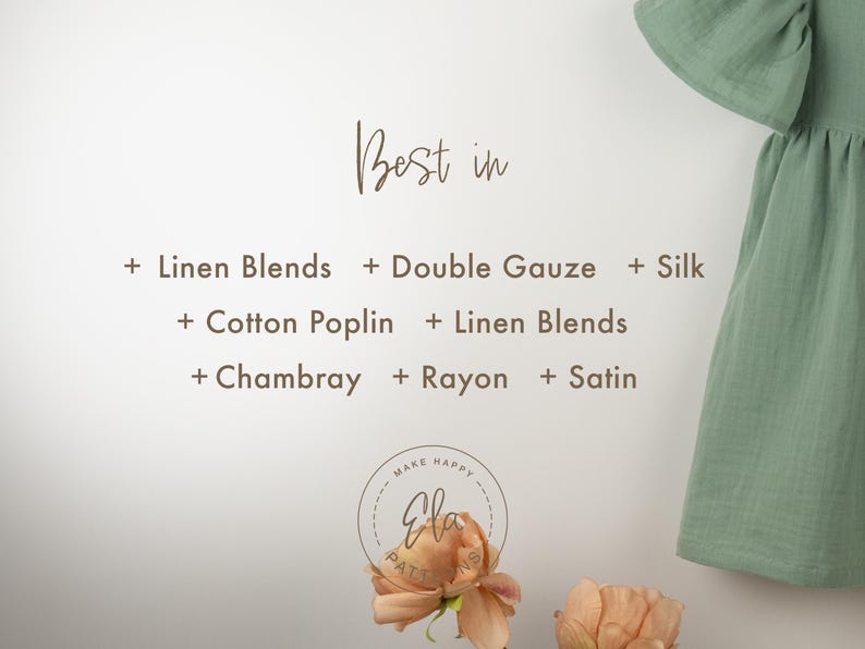 May include: A light green dress with ruffled sleeves is shown on a white background. Text reads "Best in" followed by a list of fabrics: Linen Blends, Double Gauze, Silk, Cotton Poplin, Chambray, Rayon, and Satin. A logo is also visible.
