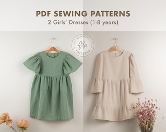 Girls’ Linen Dress PDF Sewing Pattern Bundle | (1–8Y) | Toddler and Child Sizes 1–8Y | Flutter & Long Sleeve Pleated Styles | Button Back