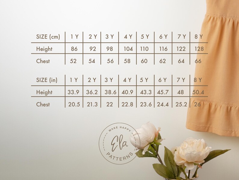 May include: A size chart for children's clothing, displaying height and chest measurements in inches and centimeters for sizes 1Y to 8Y. The chart is accompanied by a light orange dress and a floral arrangement.