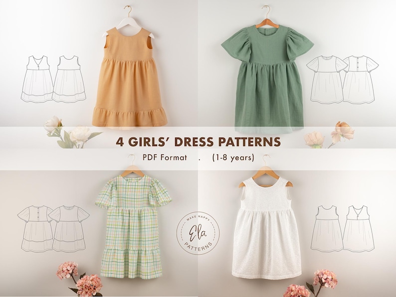 May include: Four girls' dress patterns in PDF format, suitable for ages 1-8 years. The image showcases four different dress designs in various colors, including a mustard yellow, sage green, and white dress. Each dress is displayed on a wooden hanger.