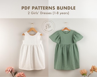 PDF Sewing Patterns Bundle – Girls’ Linen Ruffle Sleeve Dress + Sleeveless Flower Girl Outfit (1–8 Years, Summer & Special Occasion)