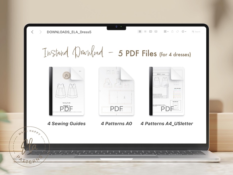 May include: A laptop screen displays a digital download of dress patterns. The screen shows "Instant Download - 5 PDF Files (for 4 dresses)". Three PDF files are visible, labeled "4 Sewing Guides", "4 Patterns AO", and "4 Patterns A4_USletter".