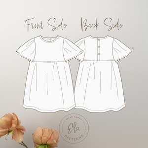 May include: Line drawing of a white dress, front and back views, with short, flared sleeves. The front view is on the left, and the back view is on the right, showing button details. Text reads "Front Side" and "Back Side". The Ela Patterns logo is in the bottom right.