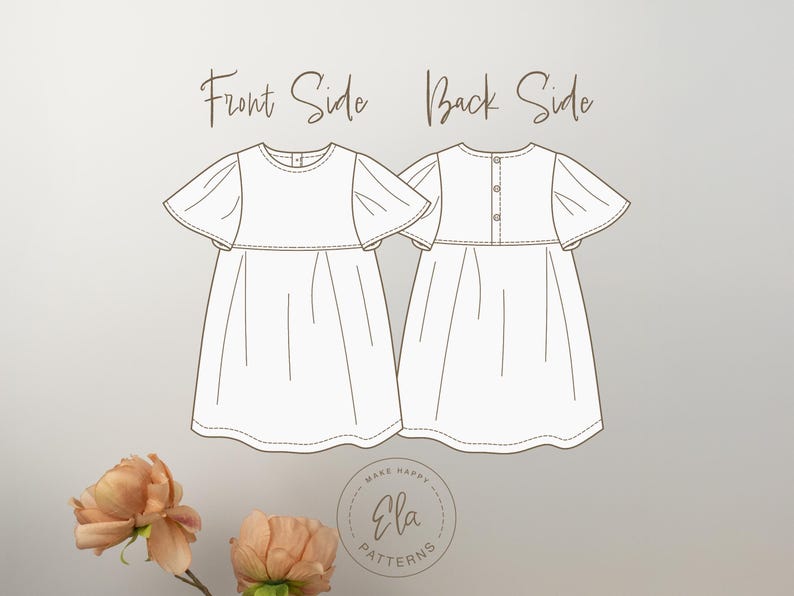 May include: Line drawing of a white dress, front and back views, with short, flared sleeves. The front view is on the left, and the back view is on the right, showing button details. Text reads "Front Side" and "Back Side". The Ela Patterns logo is in the bottom right.