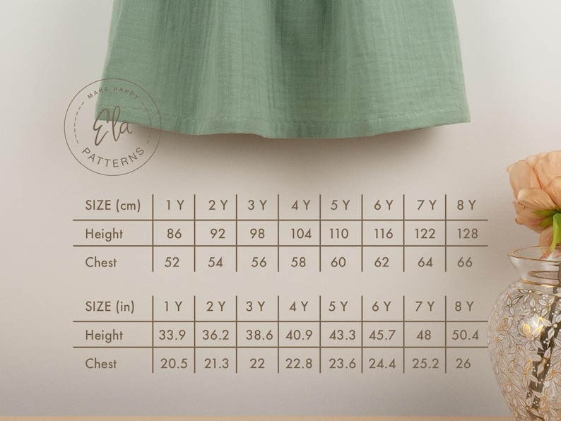May include: A sage green garment, possibly a dress or top, is displayed. A size chart in inches and centimeters is visible, detailing height and chest measurements for children aged 1 to 8 years old. The Ela Patterns logo is in the upper left corner.