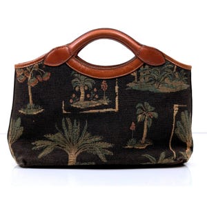 Vintage Tommy Bahama Tapestry Handbag | Tropical Palm Tree Top Handle Tote image 1