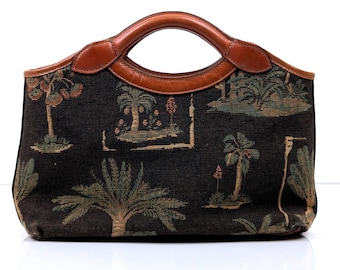 Vintage Tommy Bahama Tapestry Handbag | Tropical Palm Tree Top Handle Tote